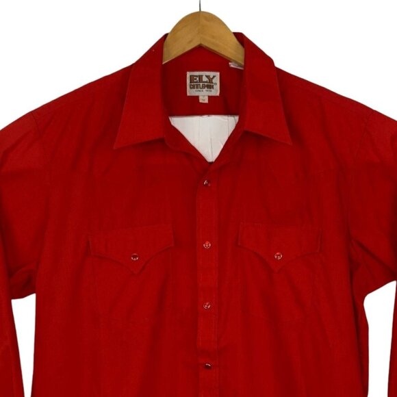 Vtg Ely Cattlemen Pearl Snap Shirt Red Western Cowboy Rodeo Americana Size 17/34 - Picture 3 of 10